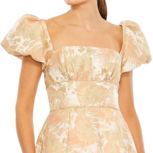 Mac Duggal Peach Gold Floral Puff Sleeve High Low Brocade Gown - Picture 2 of 4